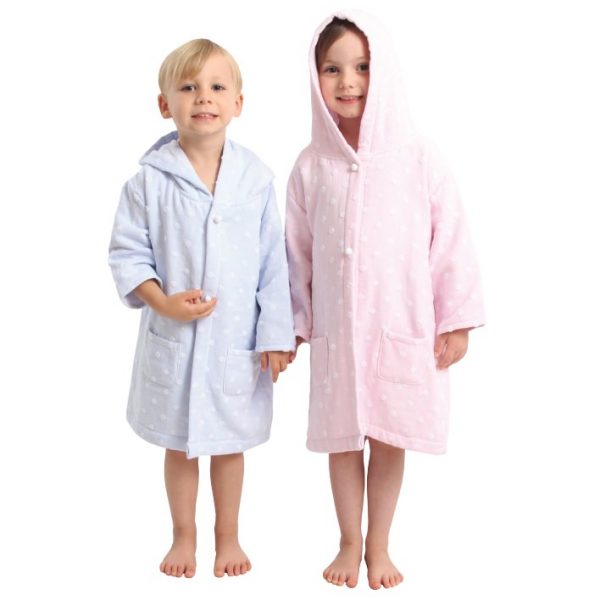 A Boy And A Girl Wearing Size 3-5 AM PM Muslin Hooded Robes In Light Blue And Light Pink Front View