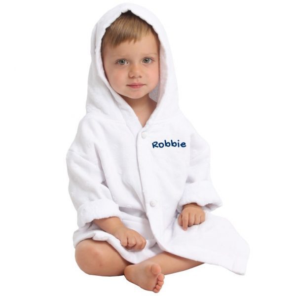 AM PM Kids White Muslin Robe Front View With Sample Personalized Name