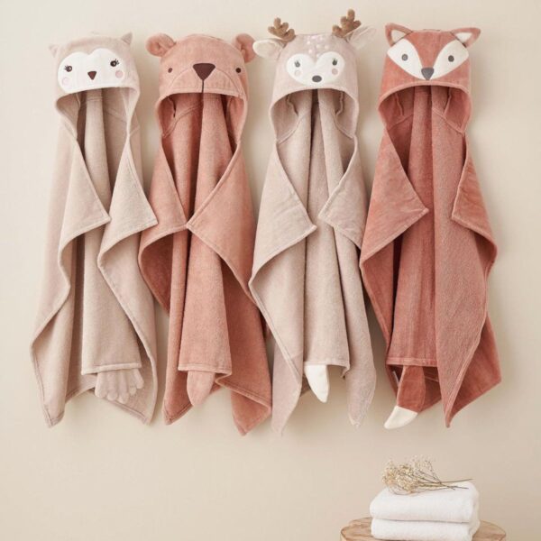 Elegant baby bath wraps for children. Owl, bear, deer, fox, and more